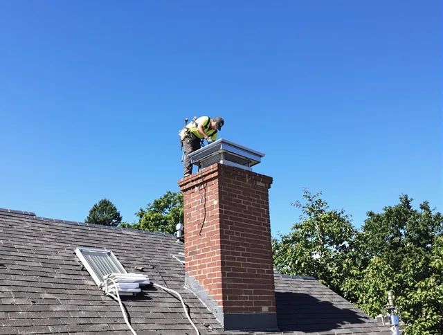 Jurupa Valley Chimney Sweep technician measuring a chimney cap in Jurupa Valley, CA